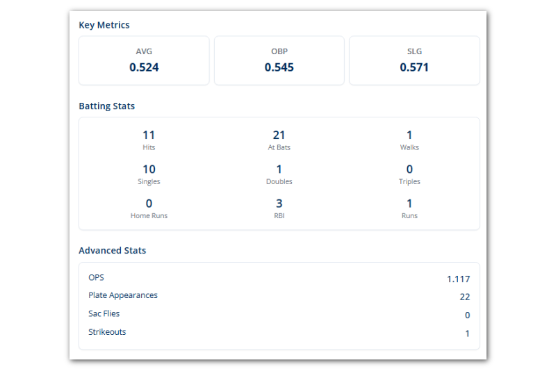 Stats dashboard showing batting statistics